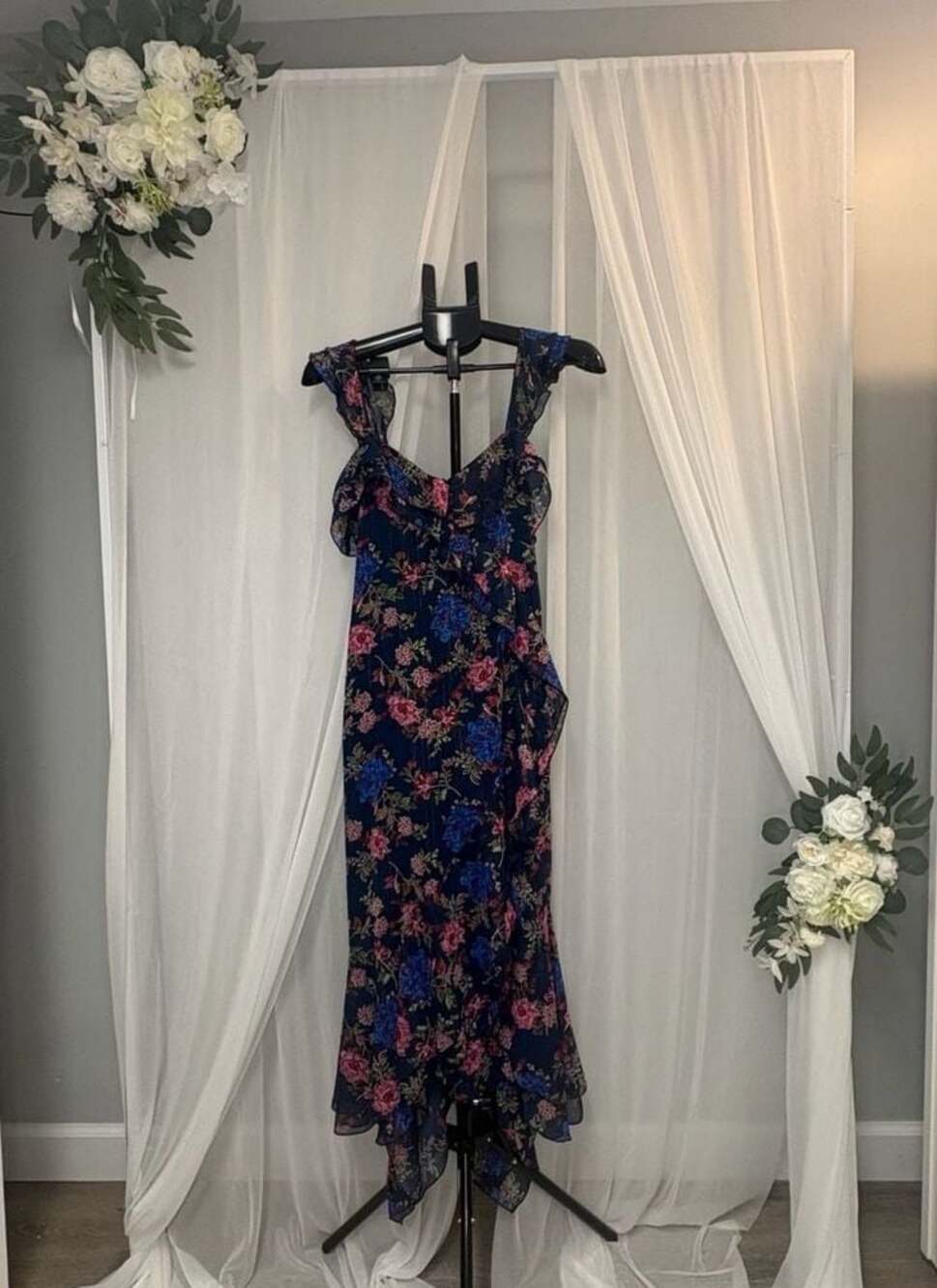 WAYF Navy Blue Floral Ruffle Asymmetrical Midi Dress Size S